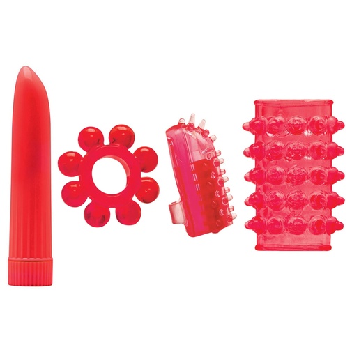 4 szexuális segédeszközből álló szett pároknak piros színben - vibrátor, péniszgyűrű, vibrációs ujjköpeny és péniszköpeny Climax Kit Neon