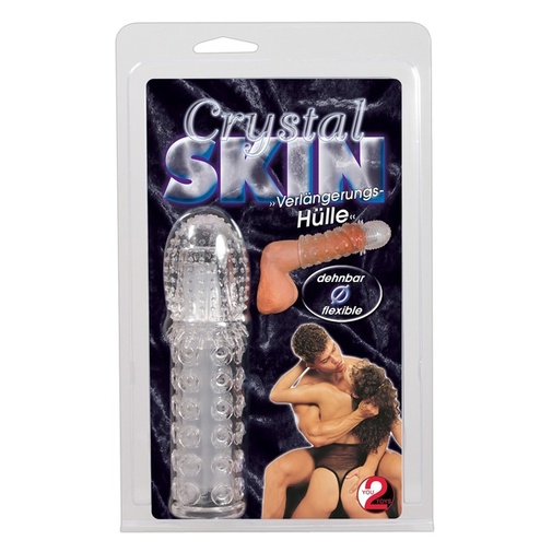 Crystal Skin átlátszó péniszköpeny, kisebb és nagyobb kiemelkedésekkel a felületén csomagolva.