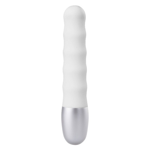 Fehér színű, hullámos felületű mini vibrátor anális vagy vaginális behatolásra vagy a csikló stimulálására
