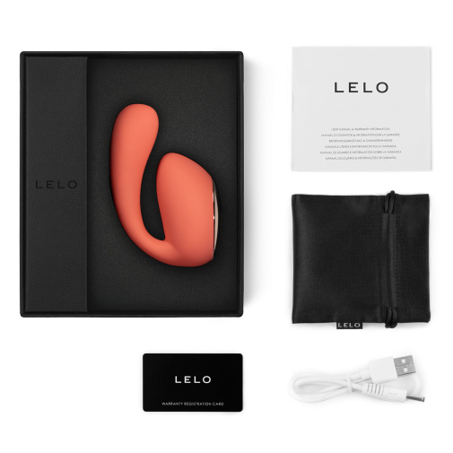 A Lelo Ida Wave csomag tartalmazza a vibrátort, az USB töltőkábelt, a tároló tasakot, a tanúsítványt és a kézikönyvet