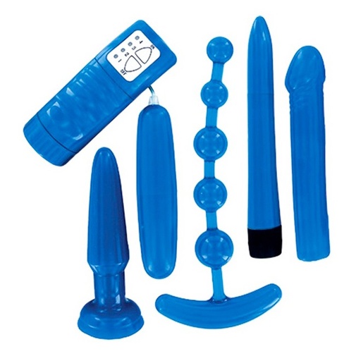 Kék színű szexuális segédeszköz szett hüvelyi és anális stimulációra