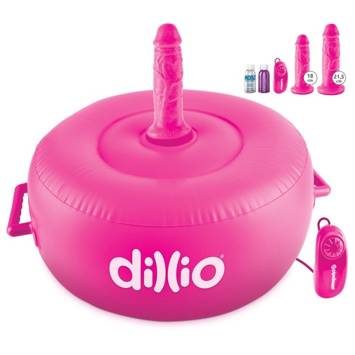 Rózsaszín vibráló ülőpárna két különböző méretű dildóval - Pipedream Dillio