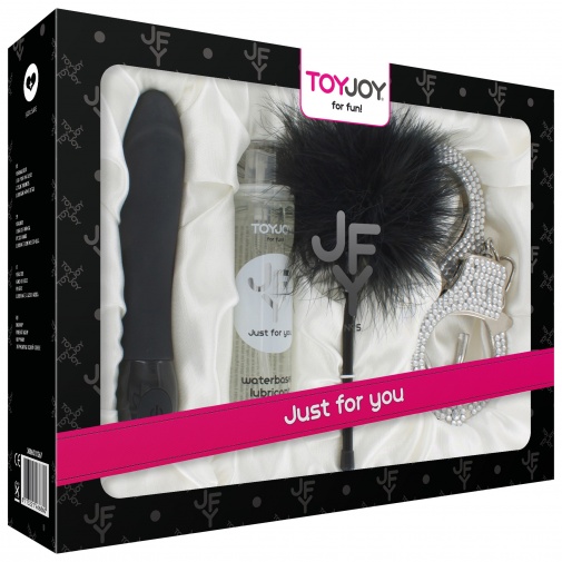 Elegáns fekete erotikus szett nőknek Just For You Luxe Box No. 5 vibrátorral, cirógató tollal, bilinccsel és síkosítóval a csomagban.