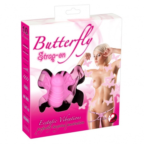 A csomagban a csikló stimulálására szolgáló, pillangó kialakítású strap-on szexuális segédeszköz - Butterfly Strap-on.