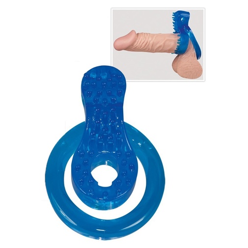 Kék szilikon péniszgyűrű herepánttal és csiklóstimuláló kiemelkedésekkel