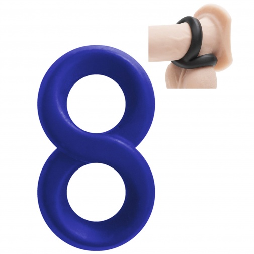 Nyolcas szám alakú, kék színű péniszgyűrű a péniszre és a herékre.