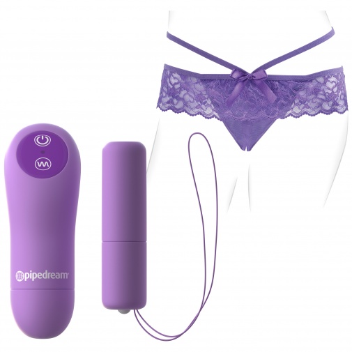 Crotchless Thrill szexi csipkés vibrációs bugyi lila színben, vezeték nélküli távirányítóval